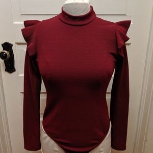 Red Turtleneck Leotard with Ruffle Sleeves
